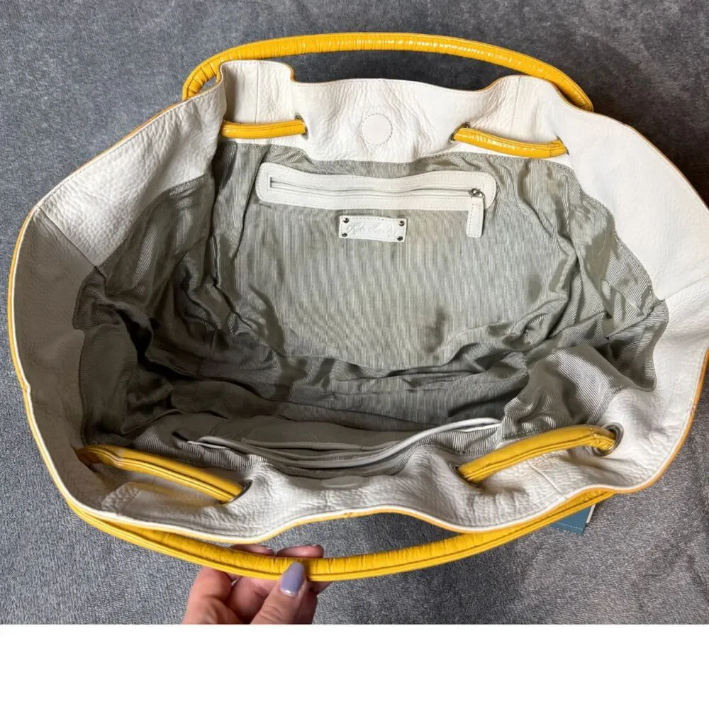 NWT Kate Landry White Yellow Leather Patent Trim Large Shoulder Handbag